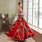 Set: 3/4-sleeve Flower Embroidered Chinese Wedding Cheongsam + Maxi Skirt + Headpiece + Earring