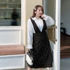 Bell-sleeve Blouse / Midi A-line Tweed Pinafore Dress