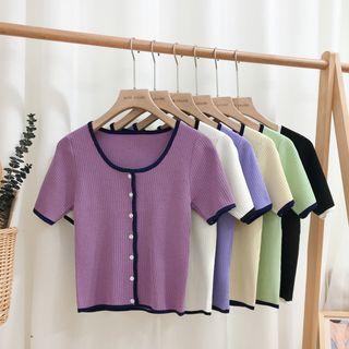 Contrast Trim Short-sleeve Knit Cropped Cardigan