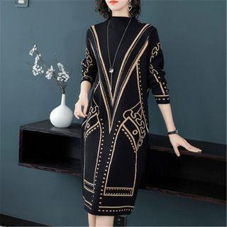 Long-sleeve Mock-neck Patterned Shift Dress