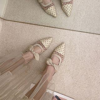 Pointy-toe Dotted Mesh Bow Block Heel Slingback Sandals
