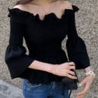 Off-shoulder 3/4-sleeve Shirred Blouse Black - One Size