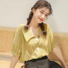 Elbow-sleeve Wide Collar Chiffon Buttoned Top