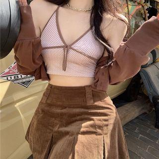 Long-sleeve Cardigan / V-neck Camisole Top