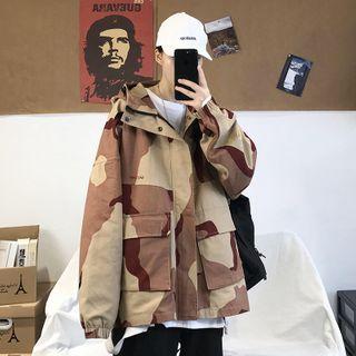 Long-sleeve Lettering Camo Hooded Jacket