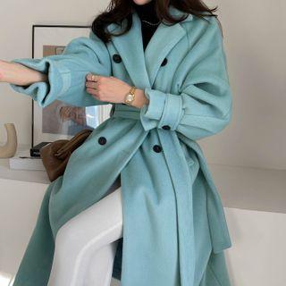 Raglan Double-breasted Long Coat With Sash
