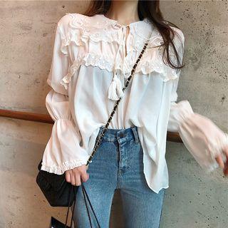 Lace Long-sleeve Loose-fit Blouse White - One Size