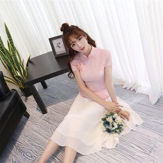 Traditional Chinese Short-sleeve Top / A-line Chiffon Skirt / Set