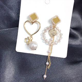 Non-matching Faux Pearl Alloy Heart Fringed Earring Steel Needle - Yellow - One Size