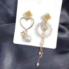 Non-matching Faux Pearl Alloy Heart Fringed Earring Steel Needle - Yellow - One Size