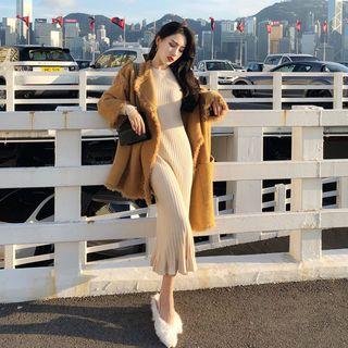 Open-front Furry Jacket / Knit Midi Dress
