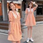 Lace Collar Puff Sleeve Check A-line Dress