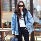 Inset Zip-up Hoodie Fray-hem Denim Jacket