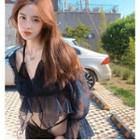 Long-sleeve Cold-shoulder Irregular Cropped Sheer Top