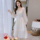 Puff-sleeve Stripped Midi A-line Dress
