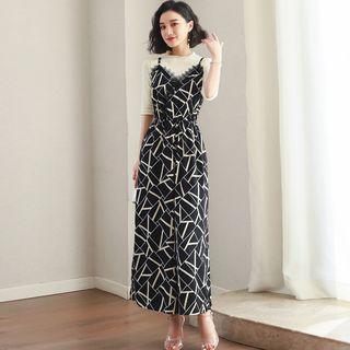 Set; Elbow-sleeve Top + Patterned Maxi Dress