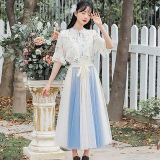 Short-sleeve Floral Print Ruffled Blouse / Midi A-line Mesh Skirt / Set