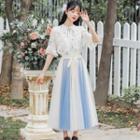 Short-sleeve Floral Print Ruffled Blouse / Midi A-line Mesh Skirt / Set