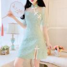 Puff-sleeve Lace Mini A-line Qipao Dress