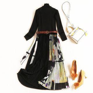 Long-sleeve Pleated Print Midi A-line Dress