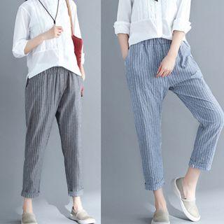 Striped Elastic Waist Cropped Pants