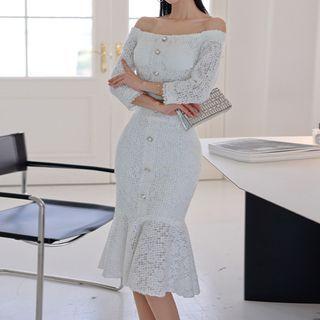 Set: Off-shoulder Lace Cropped Blouse + Ruffle Hem Midi Pencil Skirt