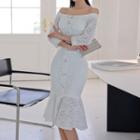 Set: Off-shoulder Lace Cropped Blouse + Ruffle Hem Midi Pencil Skirt