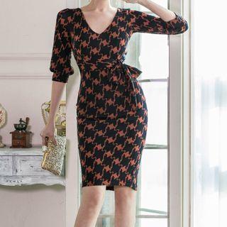 Elbow-sleeve Houndstooth Sheath Dress