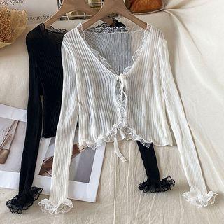 Long-sleeve V-neck Slit Front Plain Top