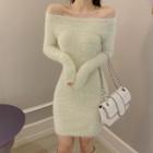Off-shoulder Furry-knit Sheath Dress