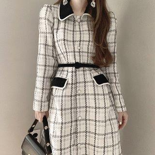 Long-sleeve Single Breasted Plaid Tweed Dress White - One Size