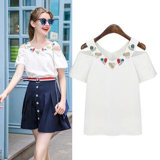 Cutout-shoulder Embroidery Top
