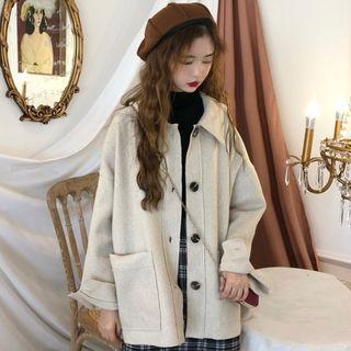 Plain Collar Long-sleeve Button Jacket Oatmeal - One Size