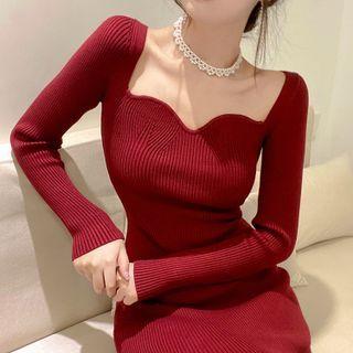Square-neck Ribbed Knit Midi Sheath Dress