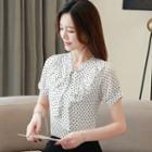 Dotted Tie-neck Short-sleeve Chiffon Blouse