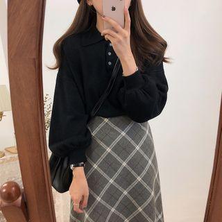 Long-sleeve Polo Collared Plain Top