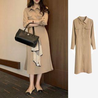 Long-sleeve Plain Midi Sheath Shirt Dress