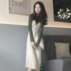 Set: Long-sleeve Mock Neck T-shirt + Spaghetti-strap Midi Corduroy Dress