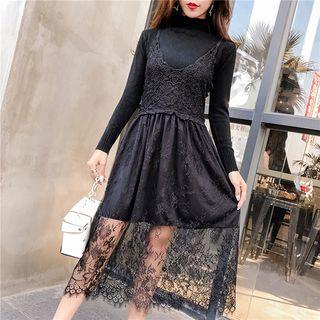 Set: Mock-neck Knit Top + Spaghetti Strap Midi Lace Dress
