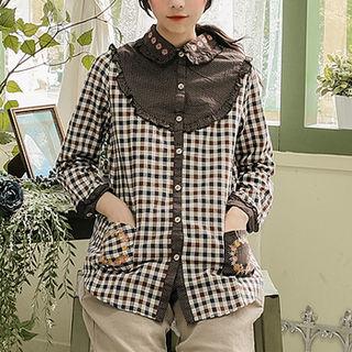 Flower-embroidered Yoke Plaid Blouse Brown - One Size