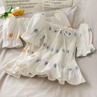 Boatneck Daisy-print Smocked Crop Blouse