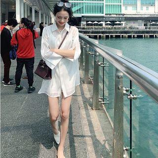 Set: 3/4-sleeve Sheer Oversize Shirt + Wide-leg Shorts