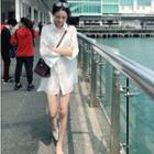 Set: 3/4-sleeve Sheer Oversize Shirt + Wide-leg Shorts