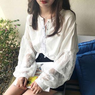 Embroidered Mesh Panel Lace Up Front Long Sleeve Top