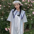 Elbow-sleeve Sailor Collar Polo Dress