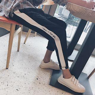 Embroidered Color Block Corduroy Slim-fit Pants
