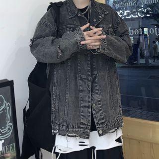 Distressed Denim Jacket Dark Gray - L