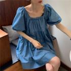 Balloon-sleeve Shirred A-line Dress Blue - One Size