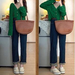 V-neck Pointelle Knit Cardigan / Straight Leg Jeans