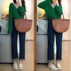 V-neck Pointelle Knit Cardigan / Straight Leg Jeans